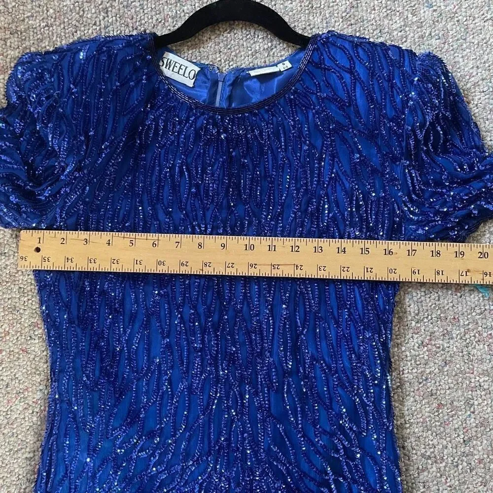 Vintage Sequin Beaded Silk Dress Glam 80s 1980s New Years Eve Holiday - Picture 9 of 12